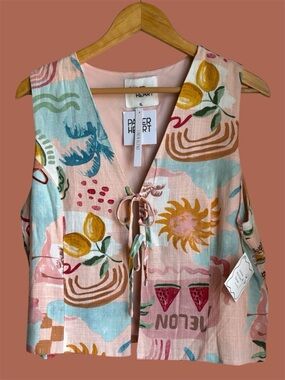 NWT Paper Heart Sleeveless Linen Blend Tie Front Fruit Vest Size XL